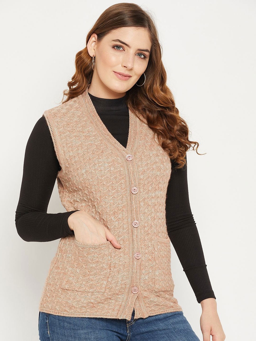 

Zigo Women Cable Knit Woollen Cardigan, Peach