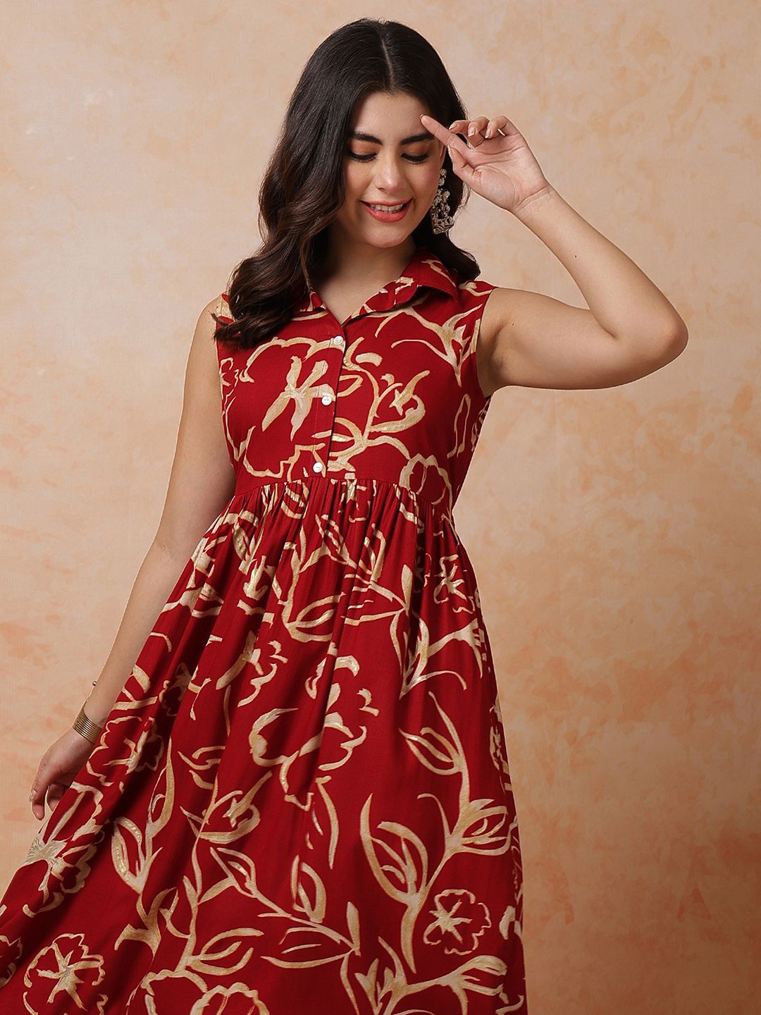 

Anouk Women Ethnic Motifs Printed Shirt Collar Sleeveless Fit & Flare Dress, Maroon