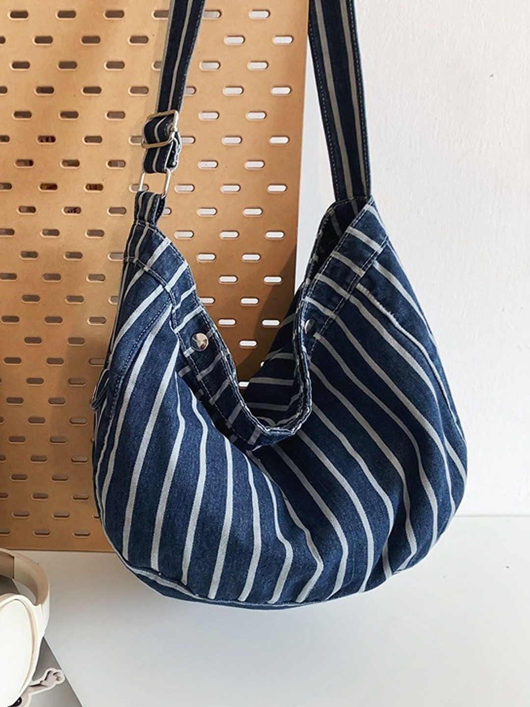 

StyleCast Navy Blue & White Striped Structured Shoulder Bag