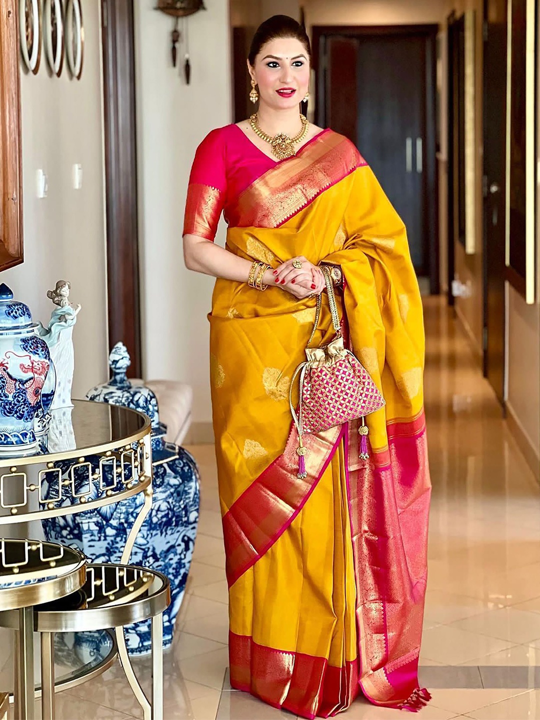 

Anouk Floral Designer Kanjeevaram Saree, Mustard