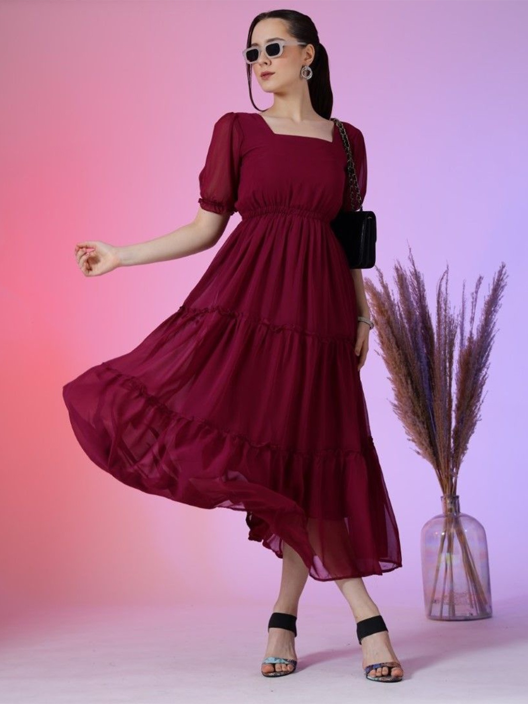 

Femvy Women Puff Sleeve Fit & Flare Tiered Maxi Dress, Magenta