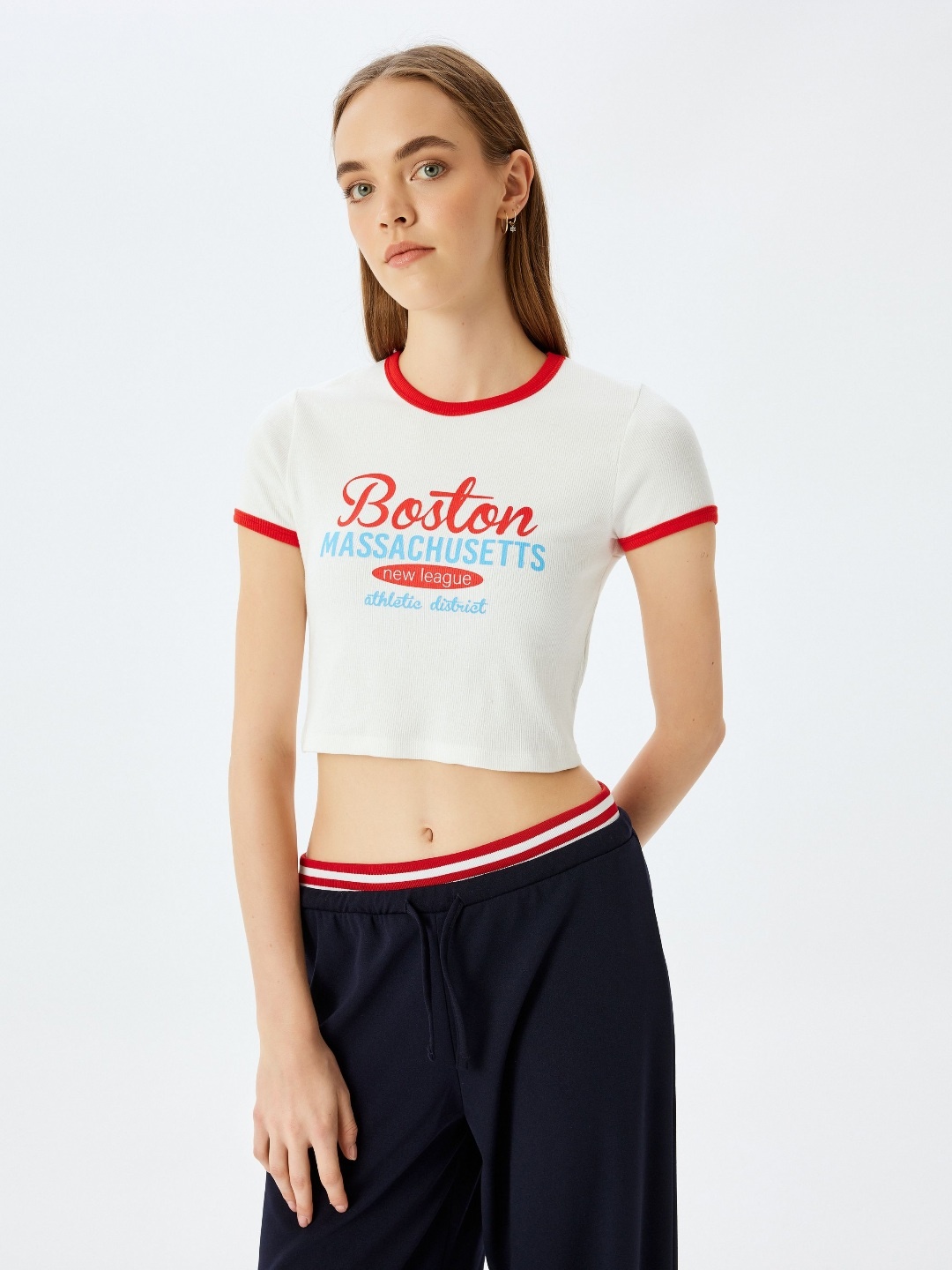 

Koton Women Typography Printed Round Neck Cotton Slim Fit T-shirt, Beige
