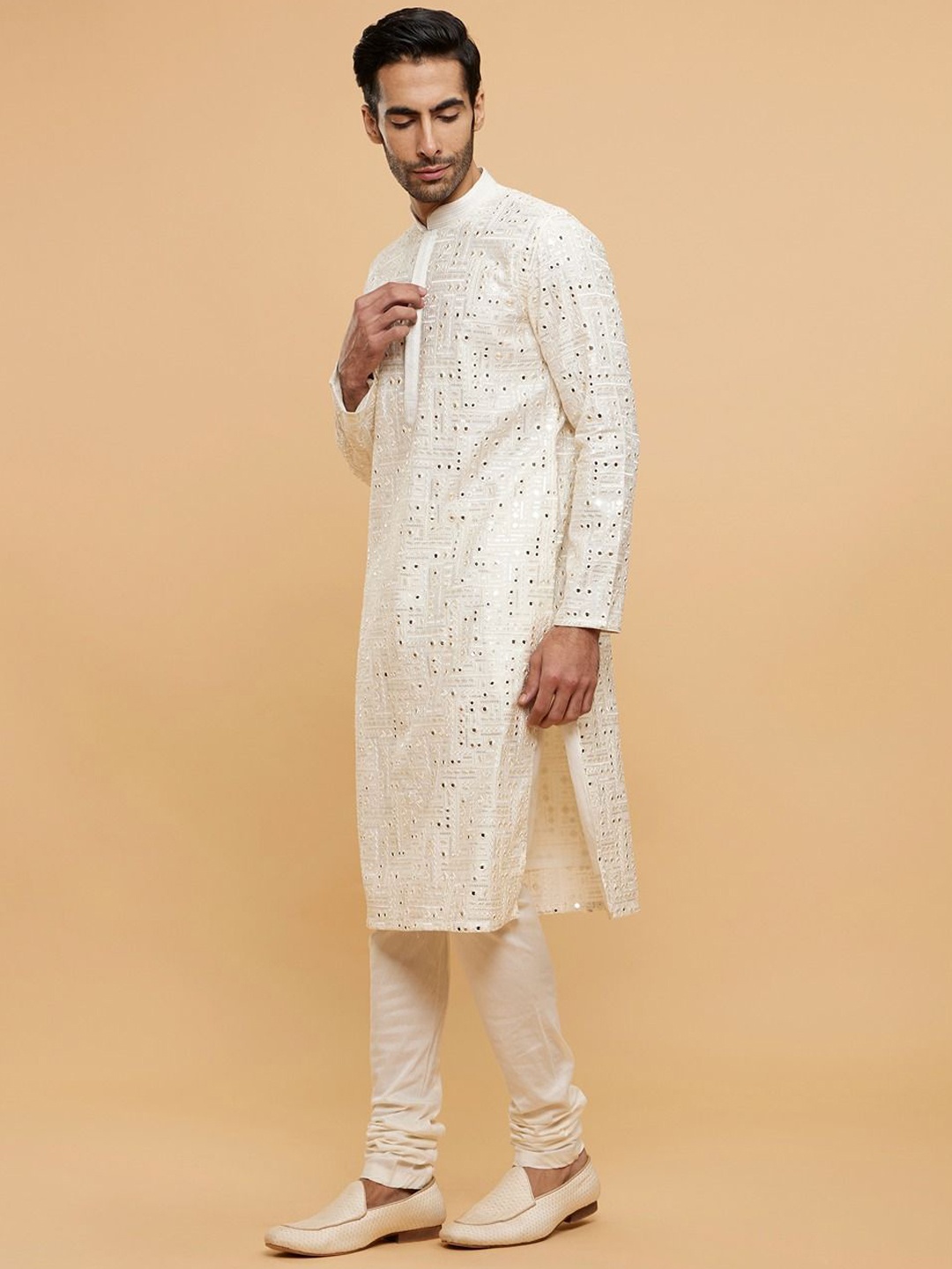 

Twamev Men Embroidered Regular Mirror Work Kurta with Churidar, White