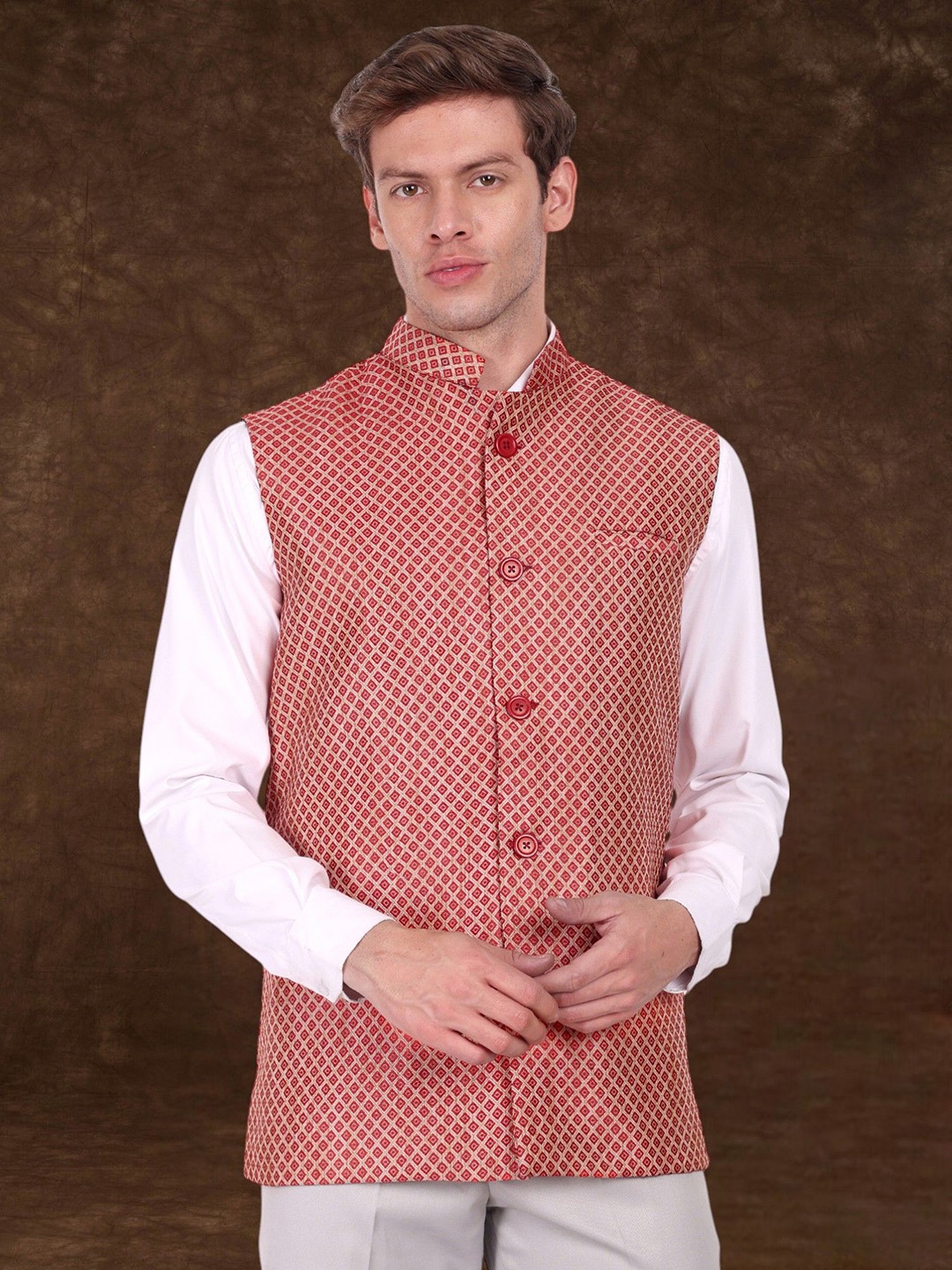 

SKAVIJ Men Woven Design Nehru Jacket, Red