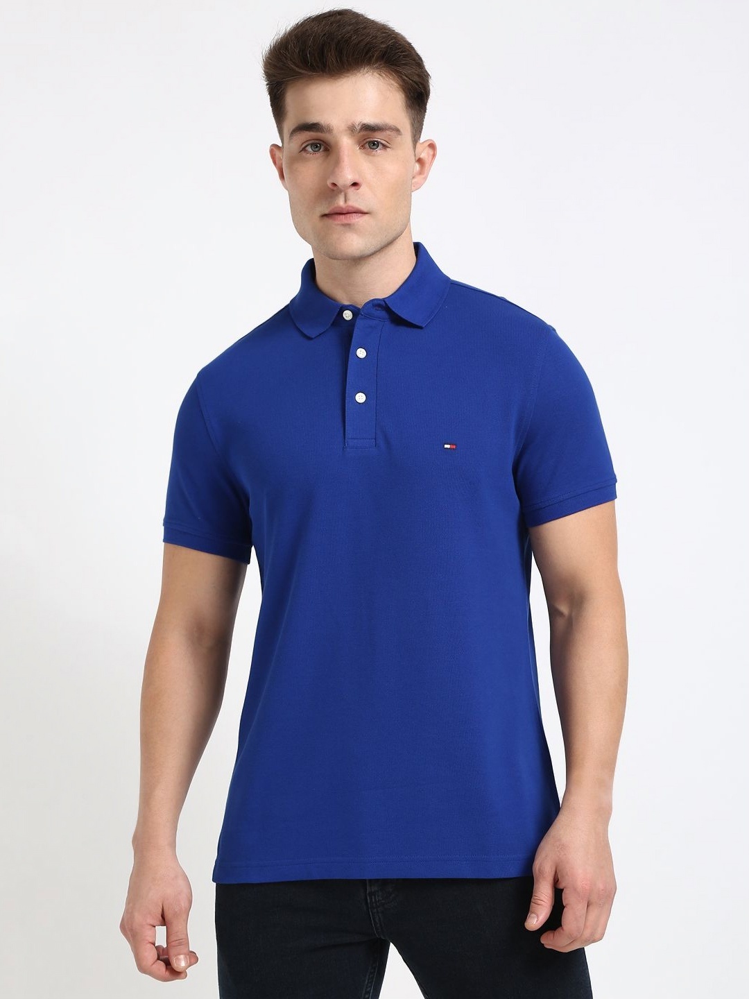 

Tommy Hilfiger Men Solid Polo Collar Cotton Slim Fit T-shirt, Blue