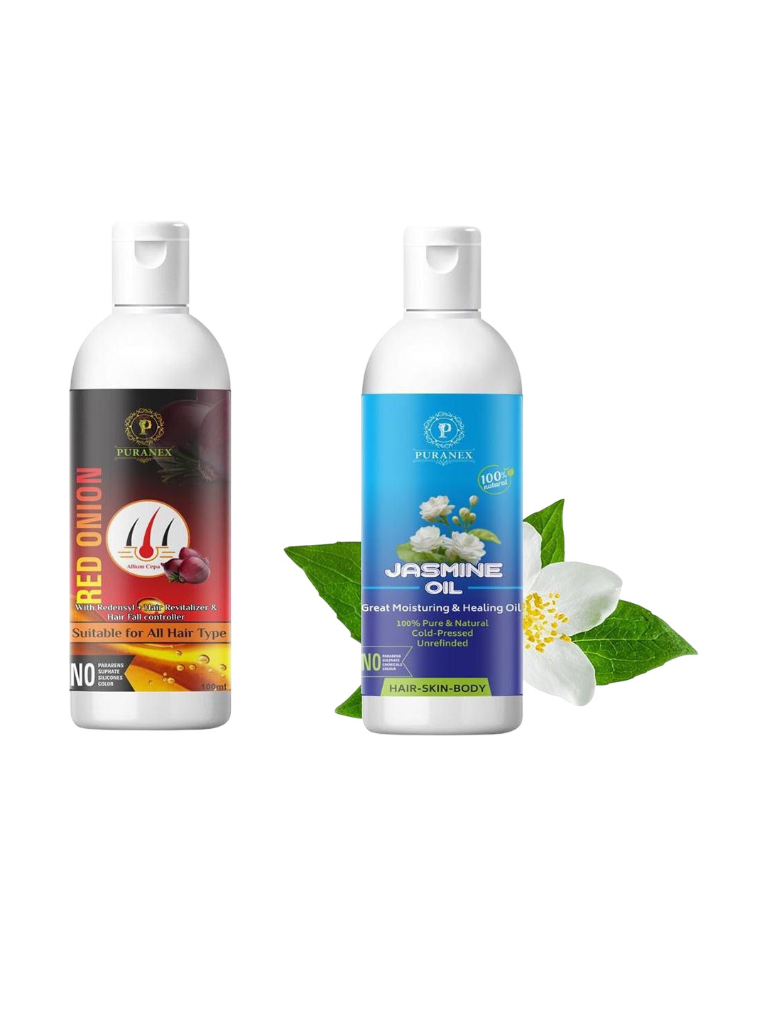 

Puranex Set Of 2 Pure Cold Pressed Jasmine & Red Onion Oil - 100 ml Each, Transparent