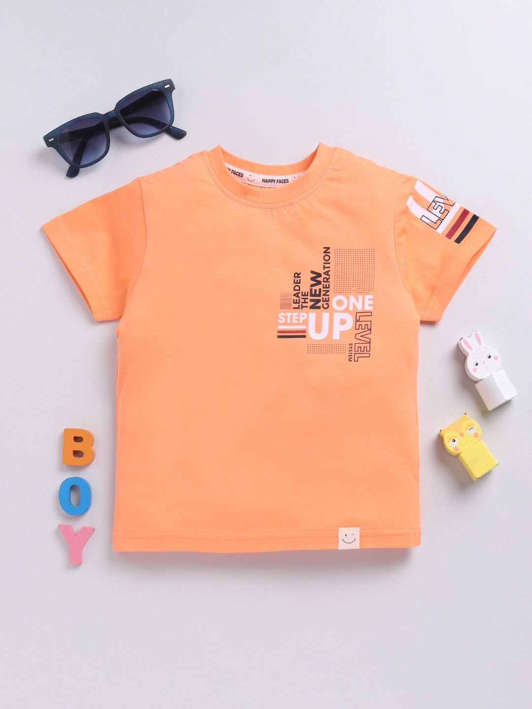 

Happy Faces Boys Pure Cotton Typography Printed T-shirt, Orange