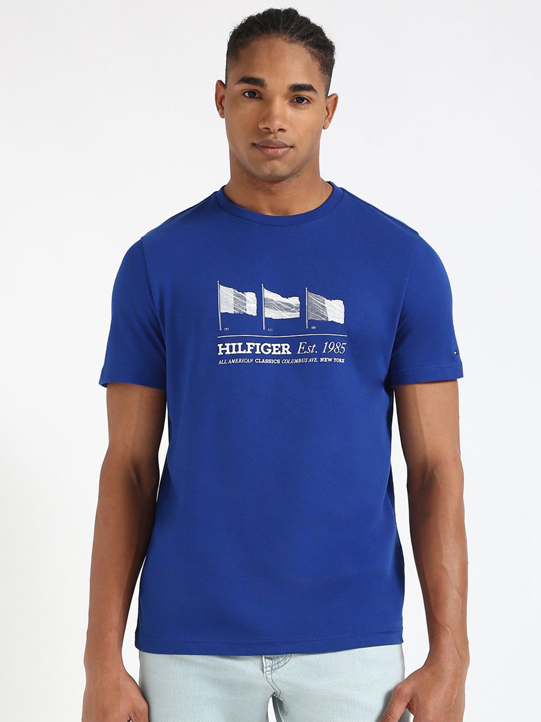 

Tommy Hilfiger Men Typography Printed Round Neck Cotton T-shirt, Blue