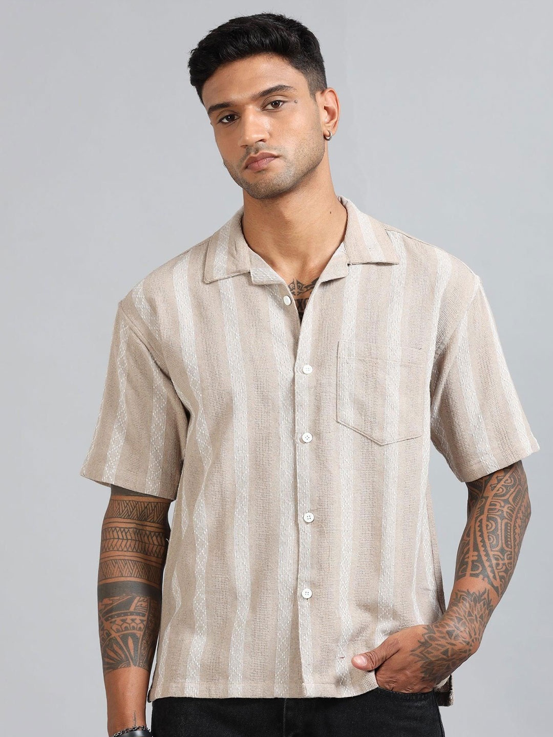 

HOUSE OF MAHNOTS Men Classic Opaque Striped Casual Shirt, Beige