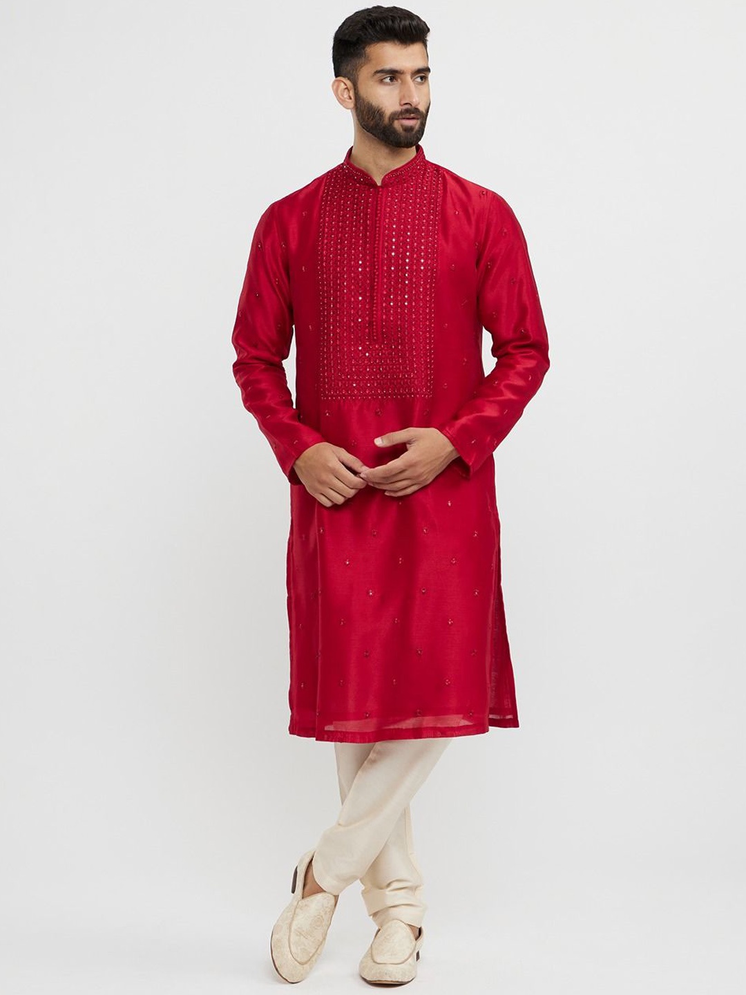 

Twamev Men Ethnic Motifs Embroidered Regular Thread Work Kurta with Trousers, Red