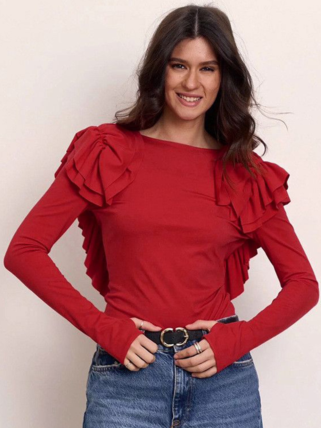 

DressBerry Boat Neck Ruffles Detail Styled Back Top, Red