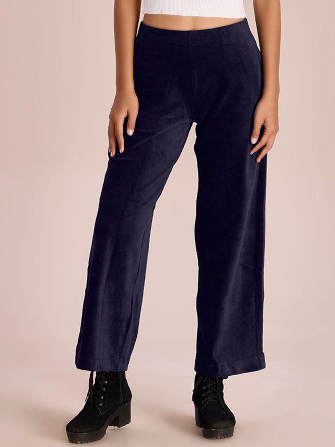 

Go Colors Women Wide Leg Loose Fit Cotton Trousers, Navy blue