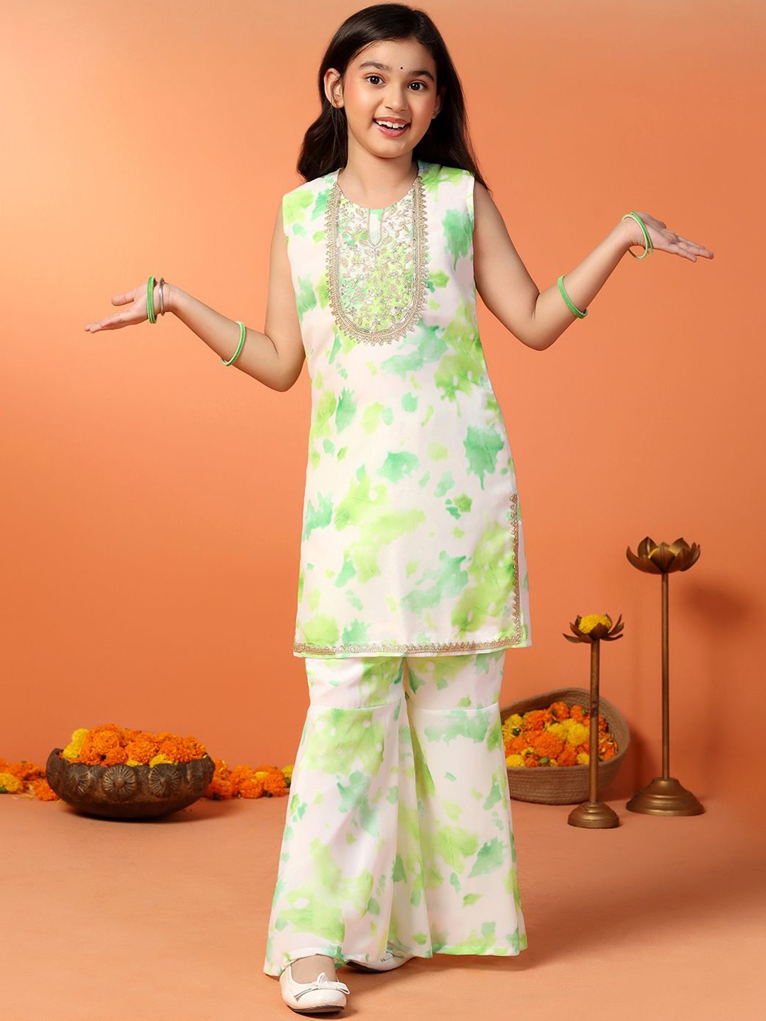 

BAESD Girls Ombre Embroidered Regular Sequinned Kurta with Sharara, Green