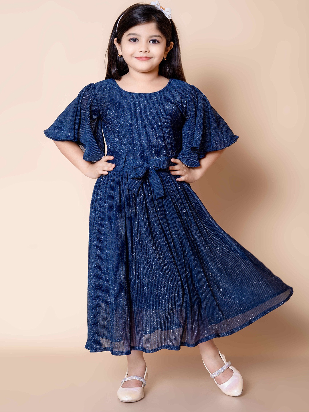 

BAESD Girls Organic Cotton Flutter Sleeves Maxi Fit and Flare Dress With Tie-Ups, Blue