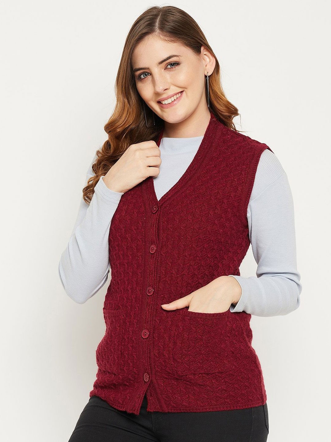 

Zigo Women Woollen V-Neck Sleeveless Front-Open Sweater, Maroon