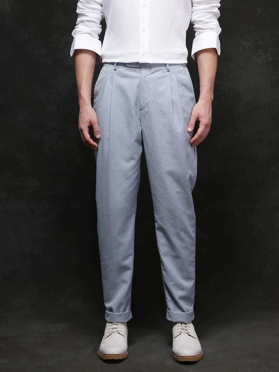 

RARE RABBIT Men Comfort Pleated Formal Trousers, Blue