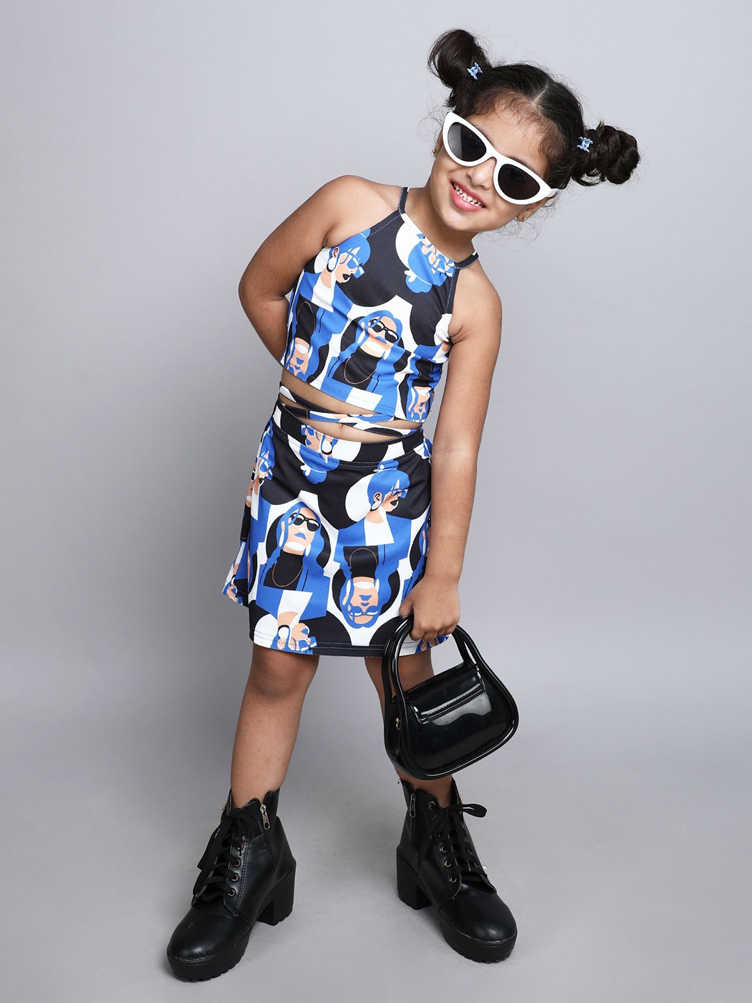 

taffykids Girls Printed Top with Skirt, Blue
