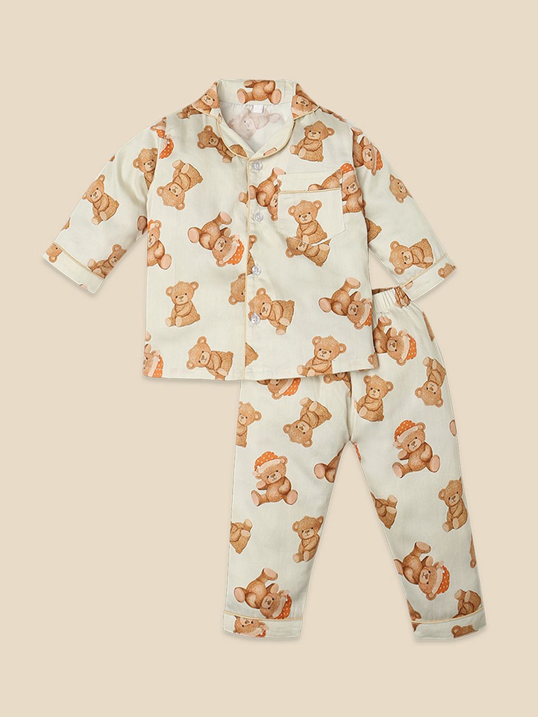 

Fancy Fluff Unisex Kids Lapel Collar Printed Night suit, White