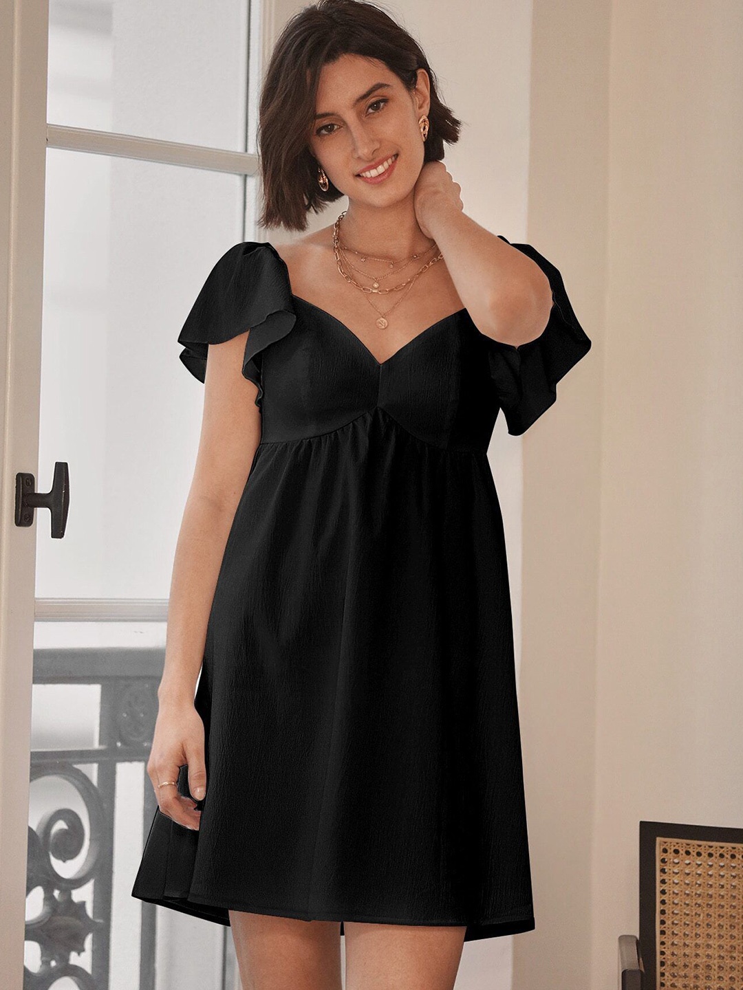 

DressBerry Women V-Neck A-Line Above Knee Dress, Black