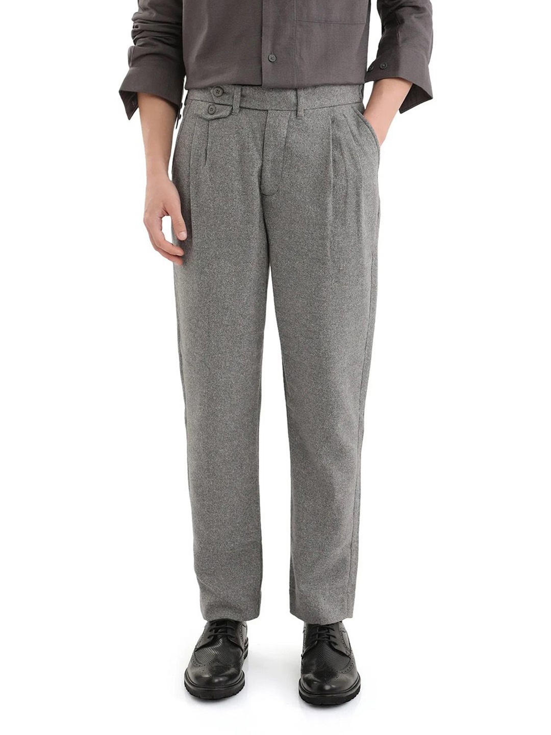 

RARE RABBIT Men Comfort Pleated Cotton Formal Trousers, Grey