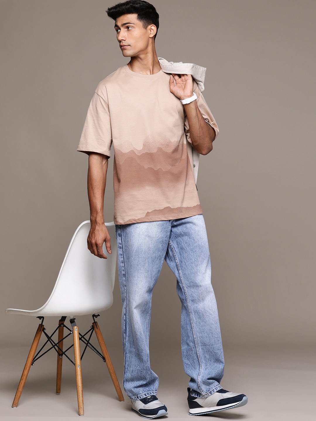 

The Roadster Lifestyle Co. Dyed Drop-Shoulder Sleeves Pure Cotton Relaxed T-shirt, Beige