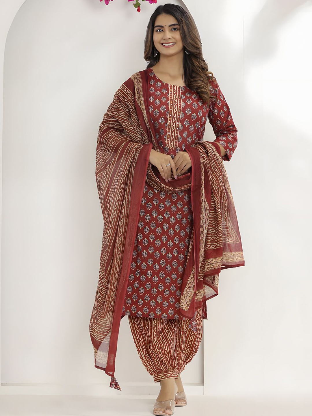 

KALINI Women Ethnic Motifs Printed Regular Pure Cotton Kurta with Dhoti Pants & With Dupatta, Rust