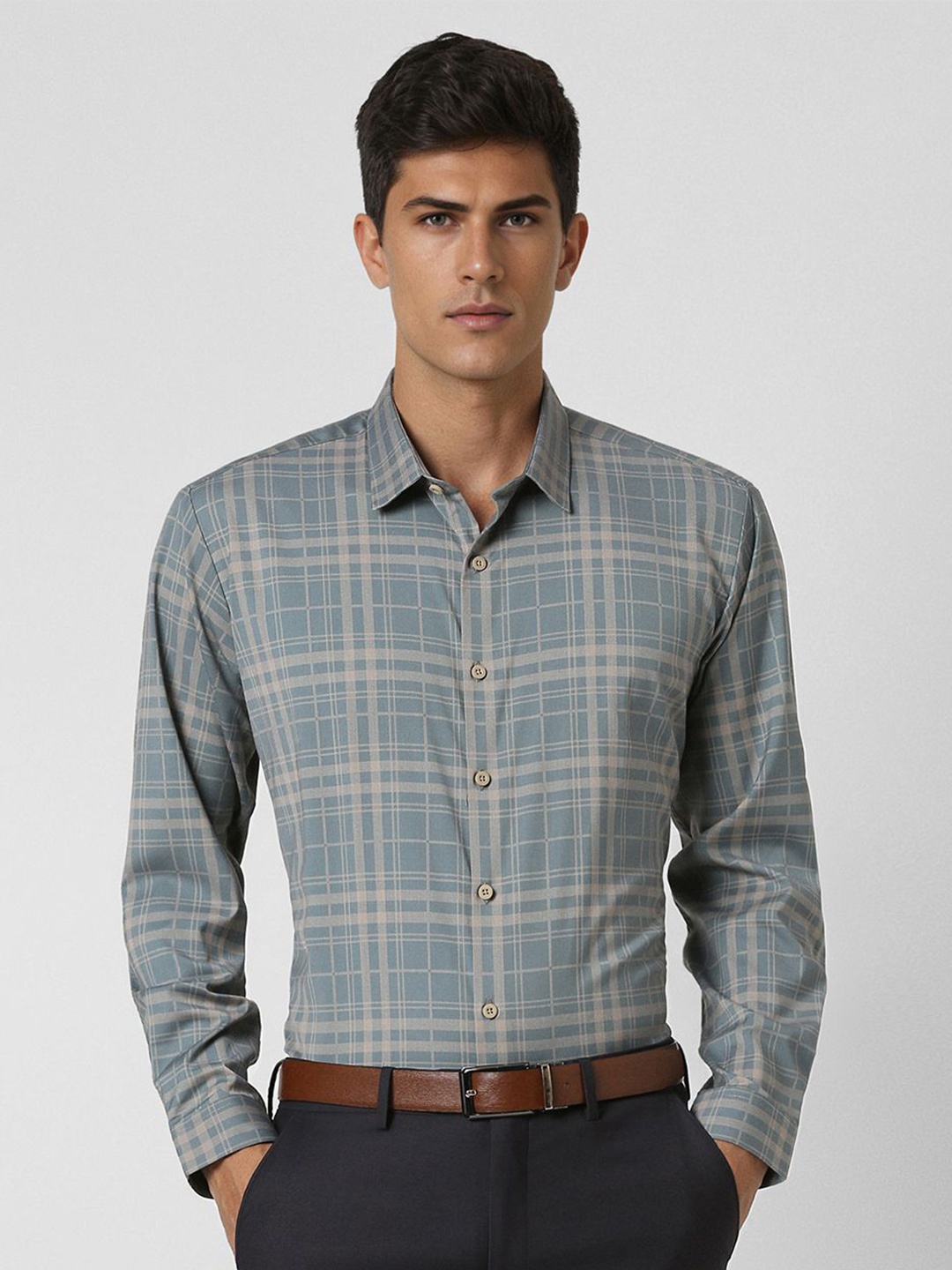 

V Dot Men Slim Fit Opaque Checked Casual Shirt, Blue