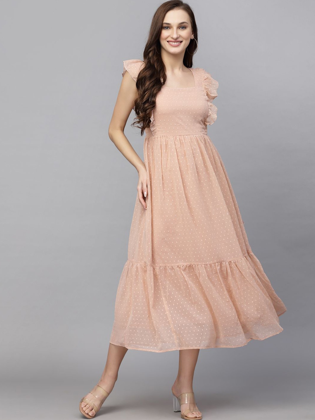 

BAESD Self Design Georgette Fit & Flare Midi Dress, Peach