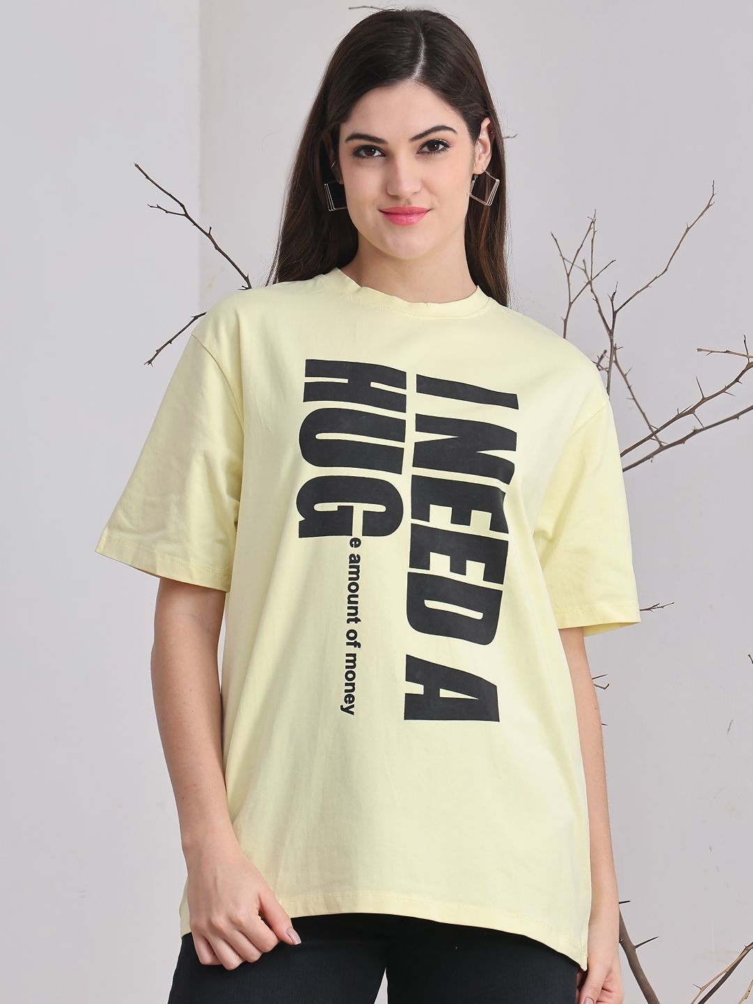 

DOOR74 Women Typography Printed Drop-Shoulder Sleeves T-shirt, Yellow