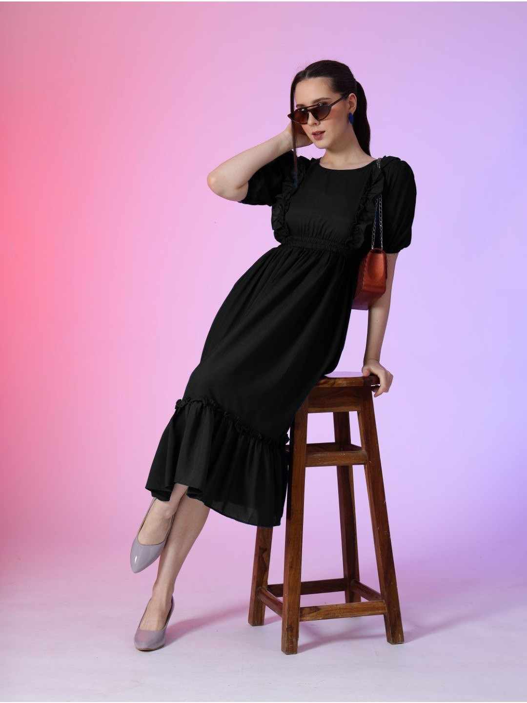 

Femvy Women Puff Sleeves Fit & Flare Dress, Black