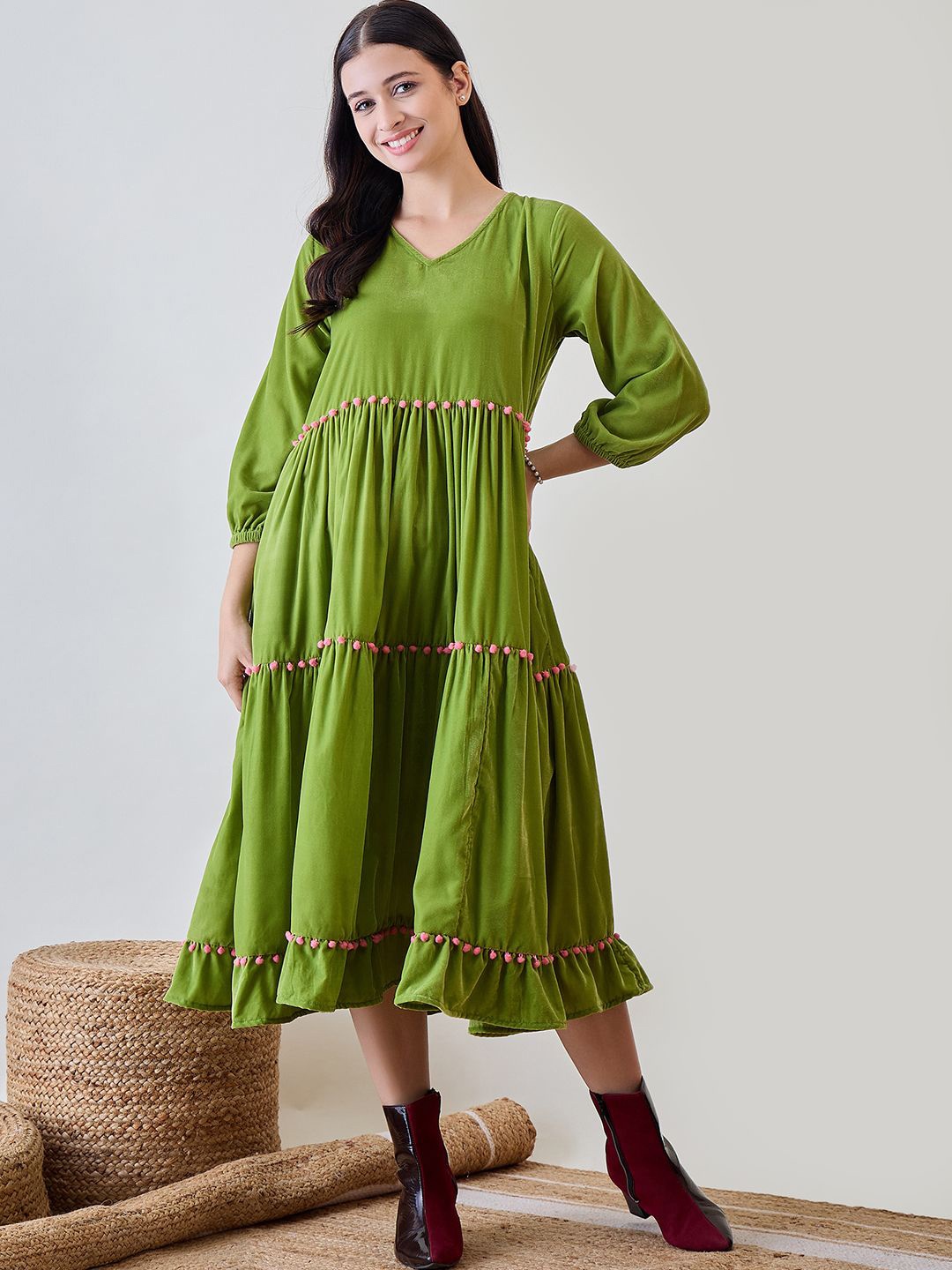 

The Kaftan Company Women Pom-Pom Fit & Flare Midi Dress, Green