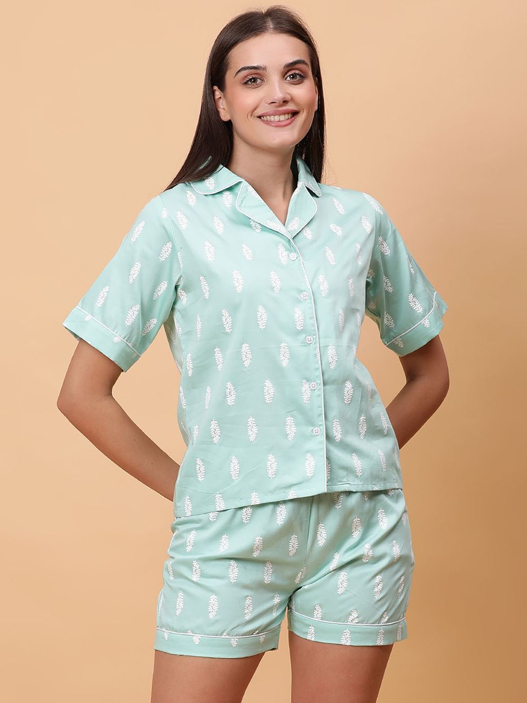 

Unifringe Women Floral Printed Night suit, Sea green