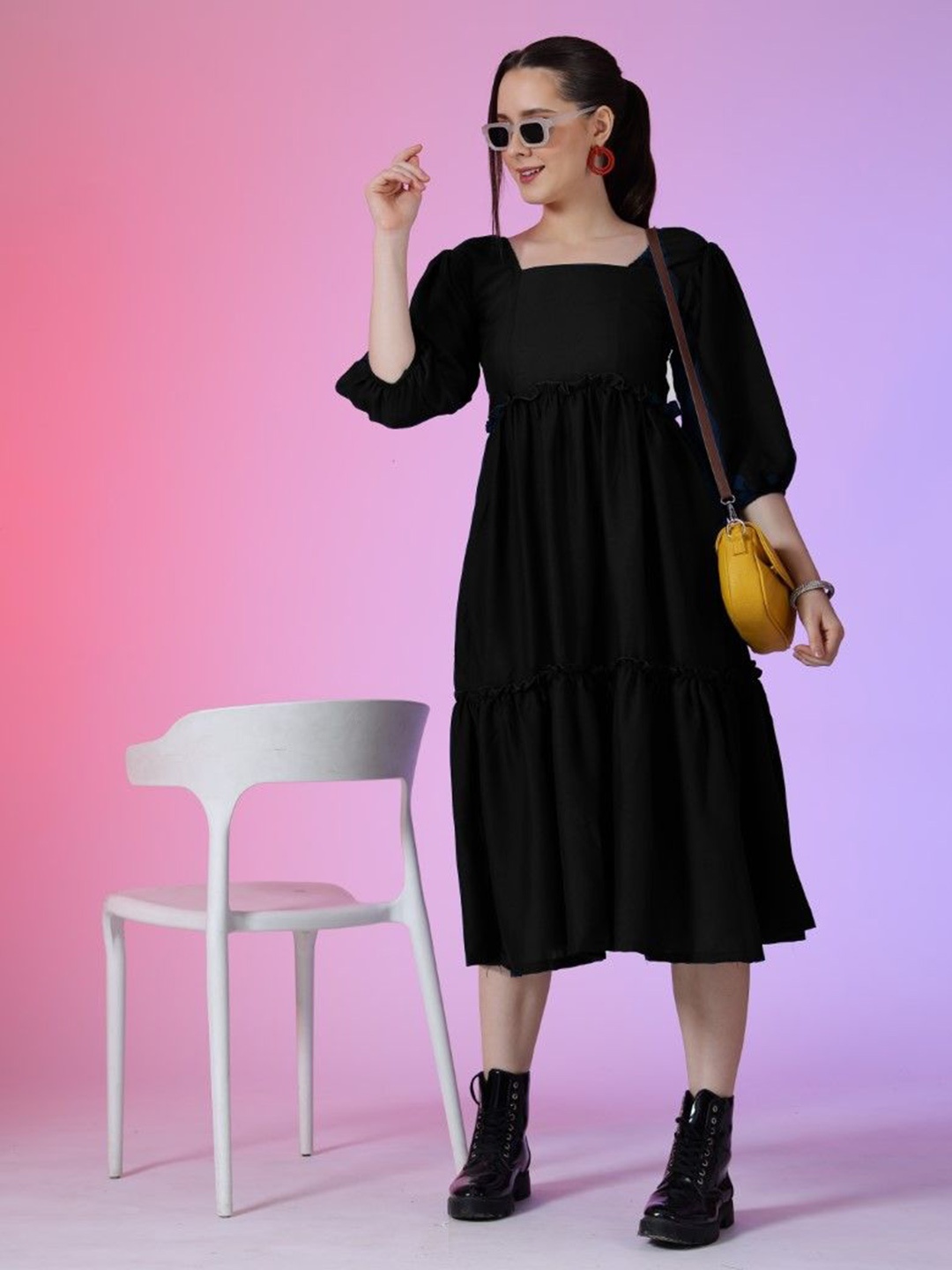 

Krunal Raiyani Women Square Neck Fit & Flare Dress, Black