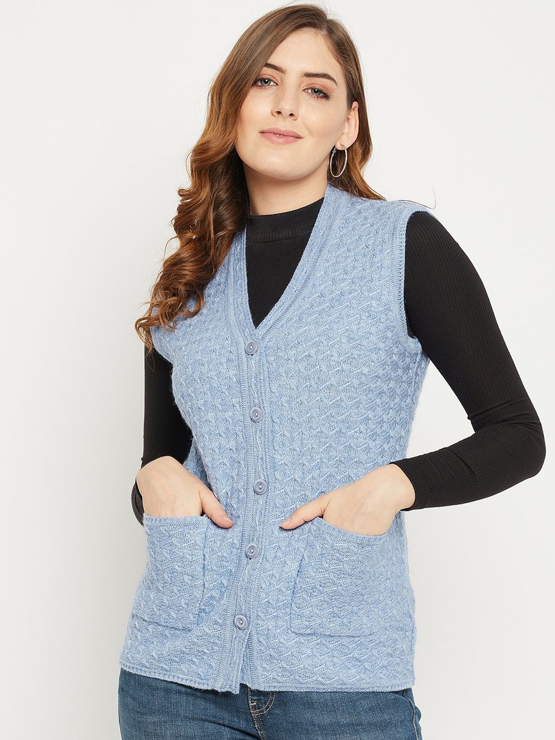 

Zigo Women V-Neck Cable Knit Self Design Sleeveless Woollen Cardigan, Blue