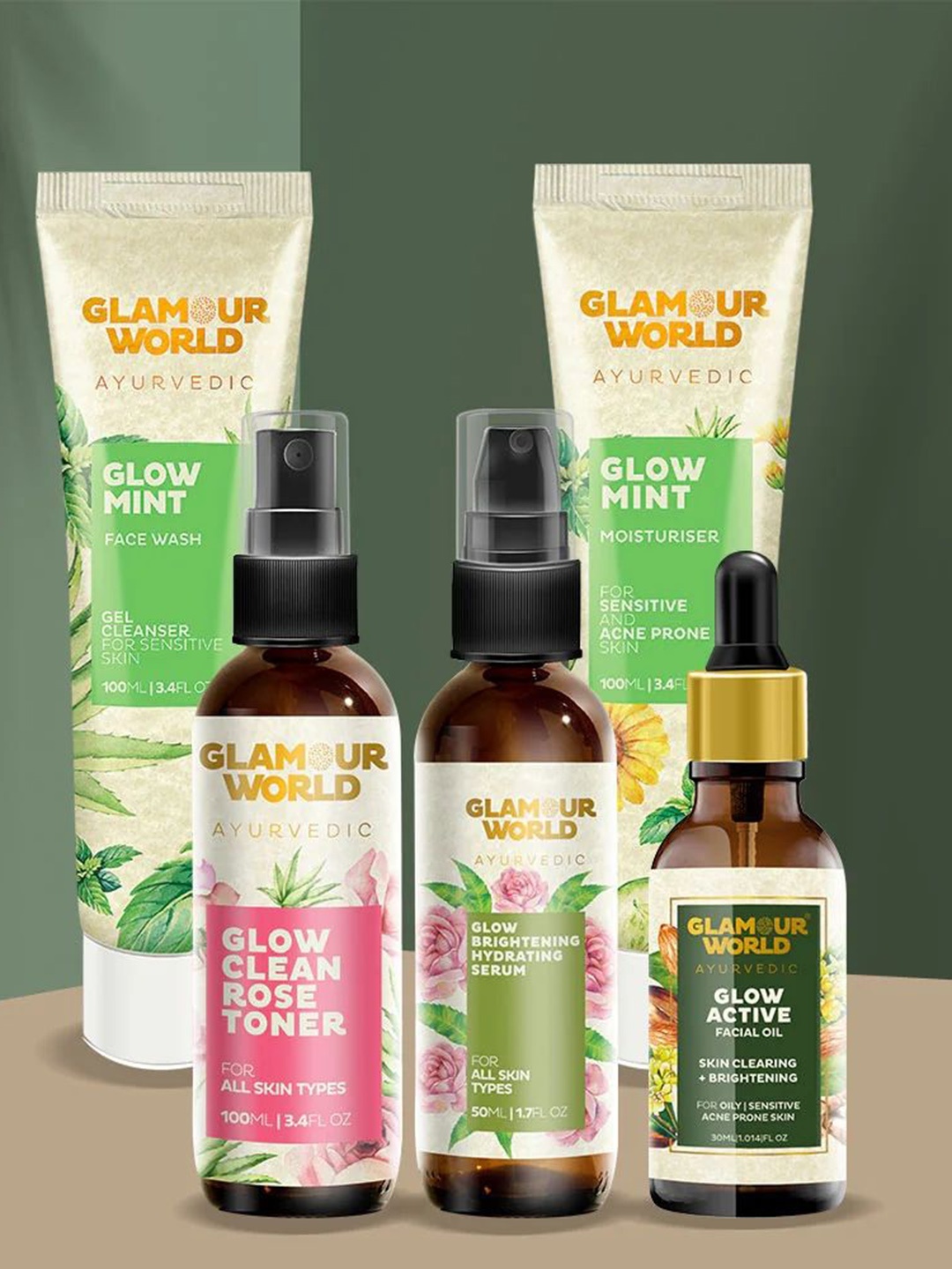 

Glamour World Ayurvedic Set Of 5 Face Wash-Moisturiser-Serum-Facial Oil & Toner, Brown