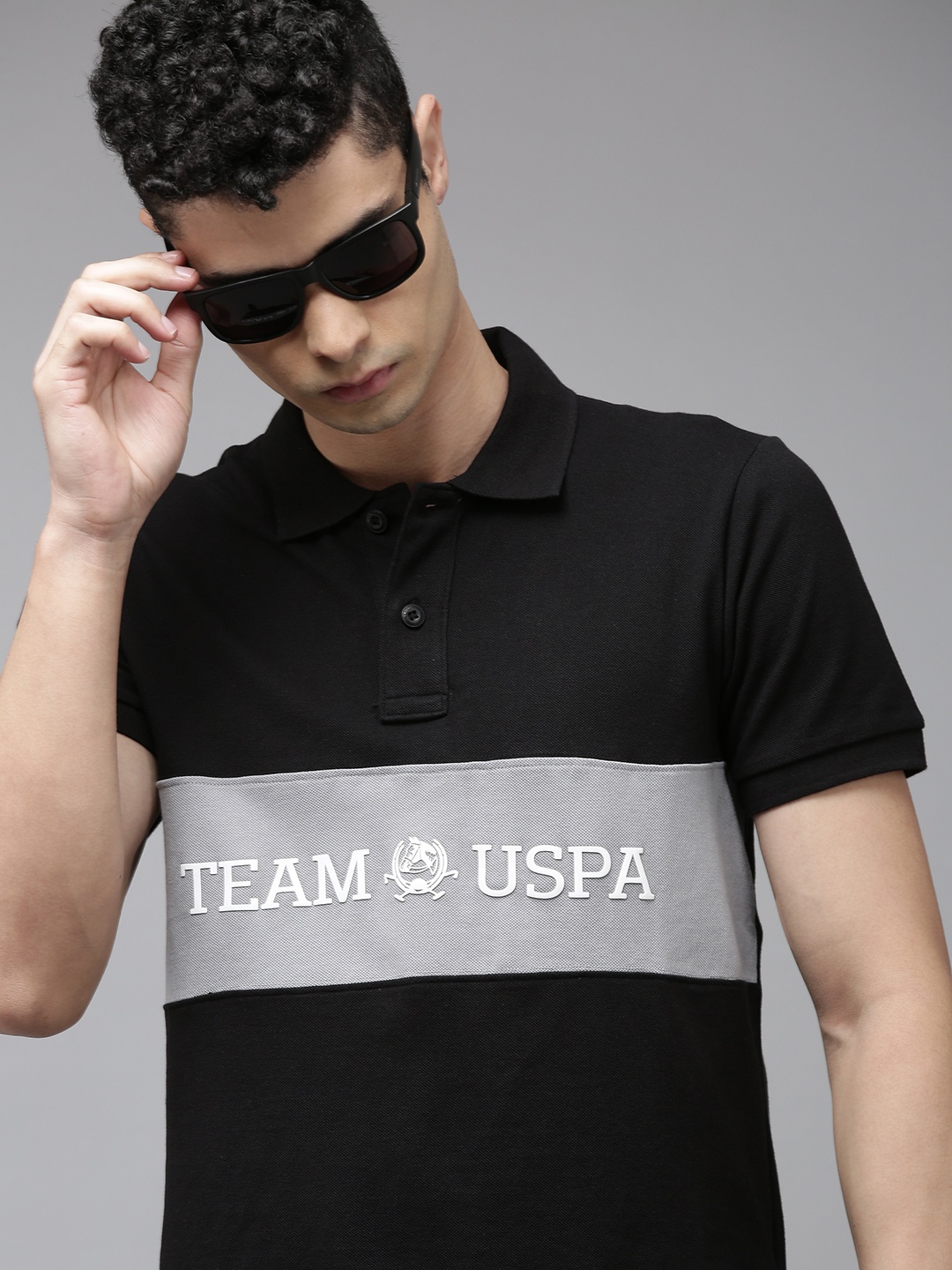 

U S Polo Assn Men Black Brand Logo Printed Polo Collar Pure Cotton Slim Fit T-shirt