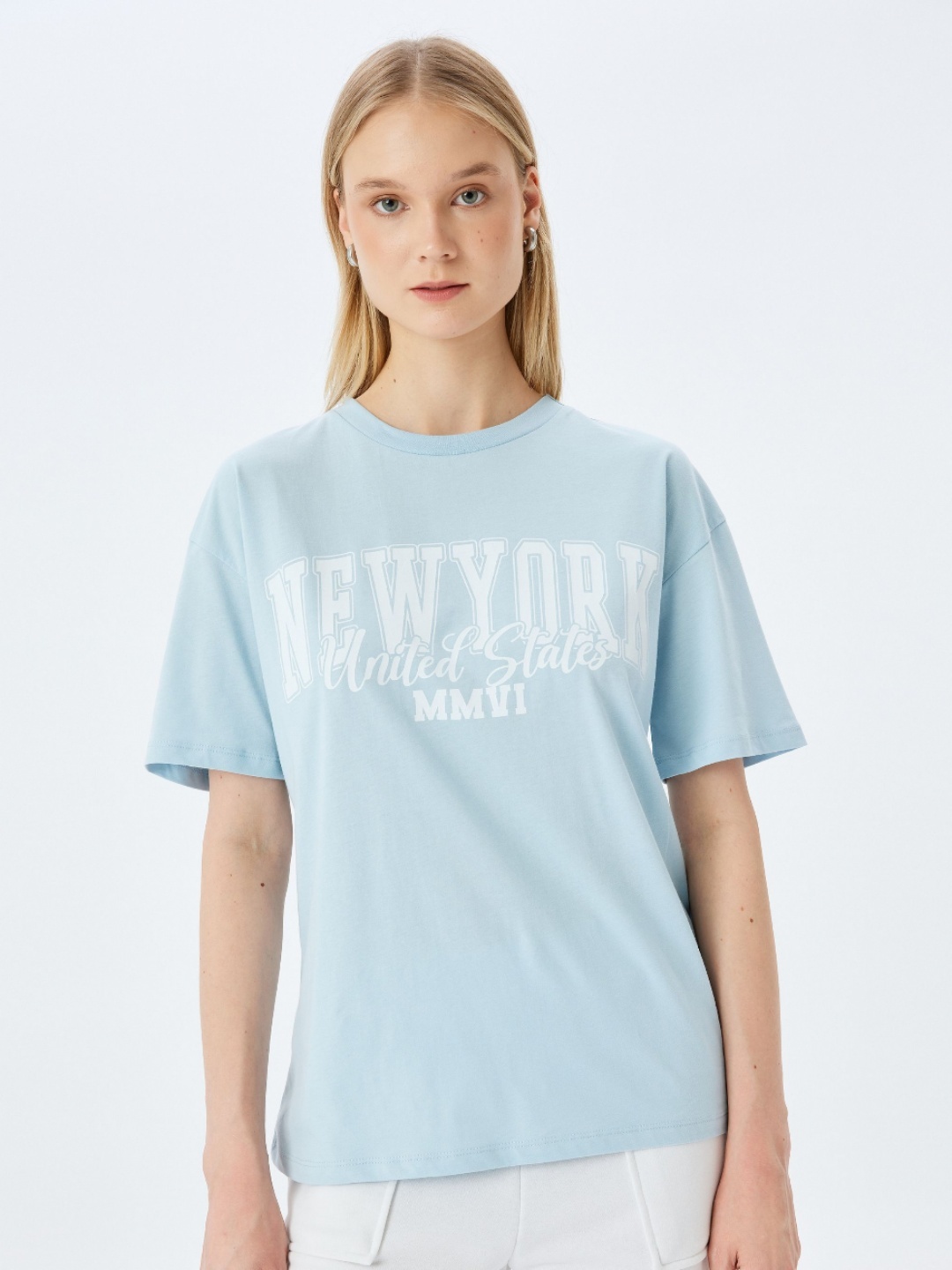 

Koton Women Typography Printed Round Neck Cotton Relaxed Fit T-shirt, Blue