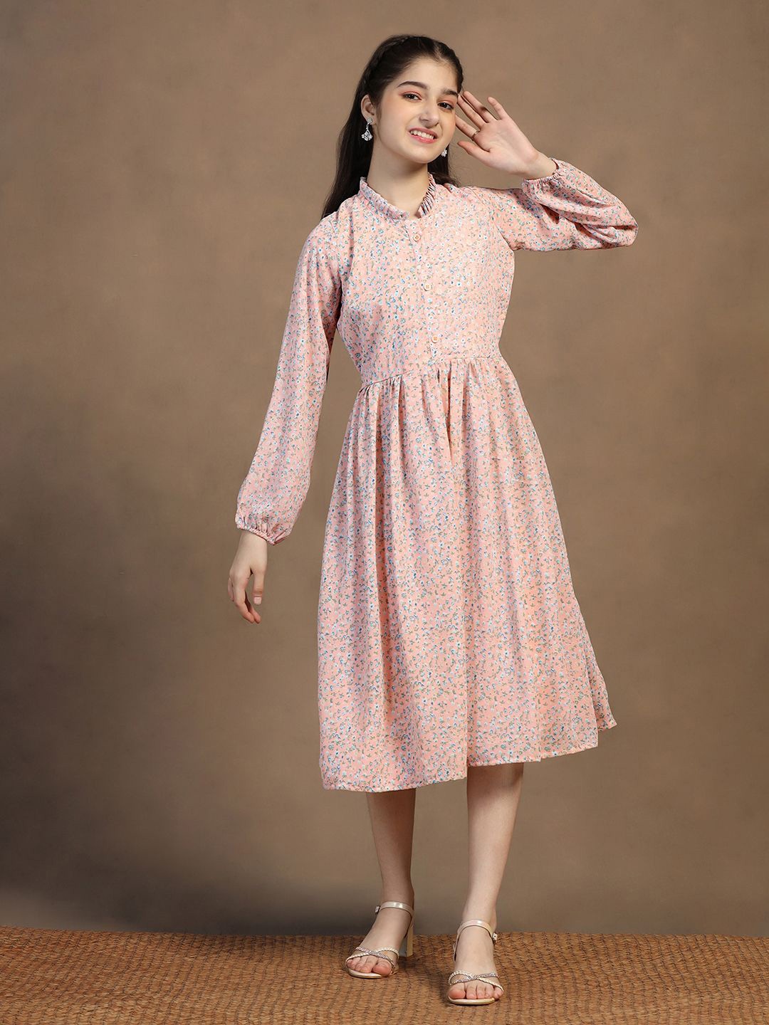 

BAESD Girls Floral Printed Mock Neck Fit & Flare Dress, Peach