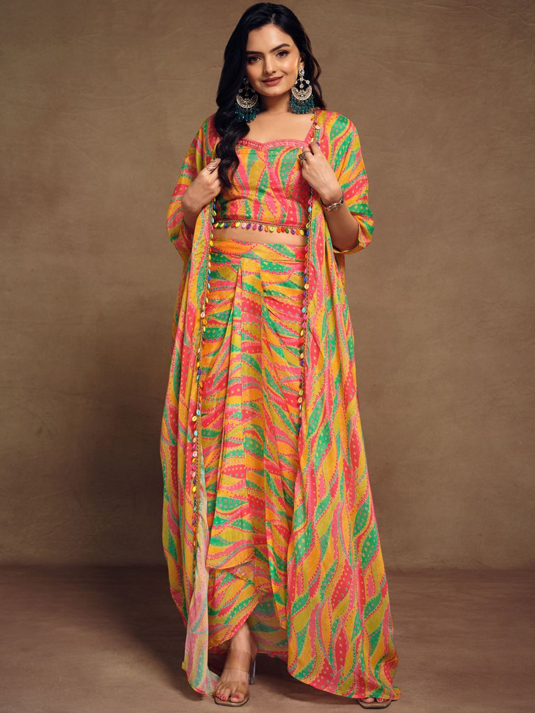 

Fusionic Printed Top With Skirt & Shrug, Yellow