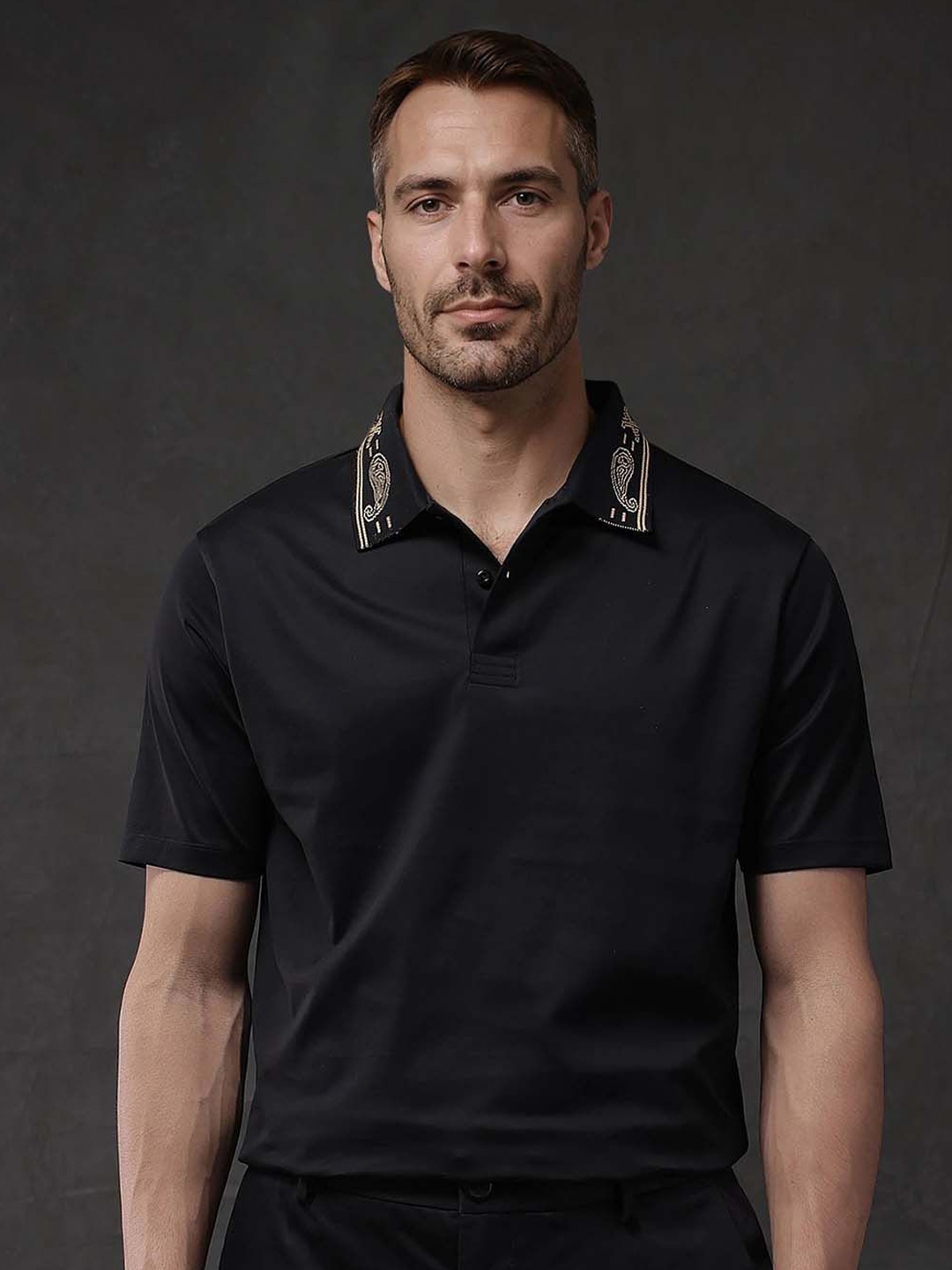 

RARE RABBIT Men Solid Polo Collar Cotton T-shirt, Black