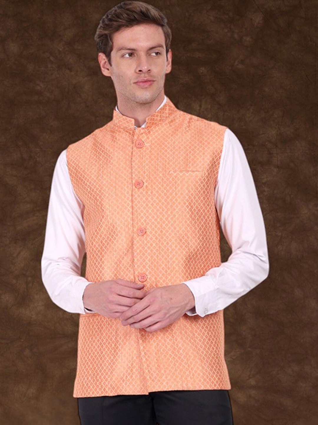 

SKAVIJ Men Woven Design Nehru Jacket, Orange