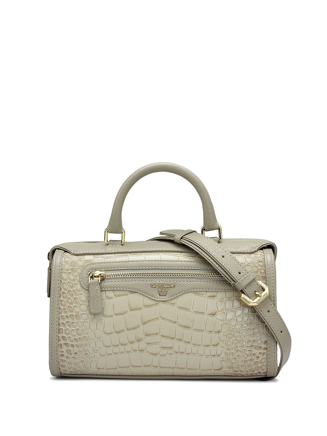 

Da Milano Animal Textured Leather Bowling Satchel with Cut Work, White