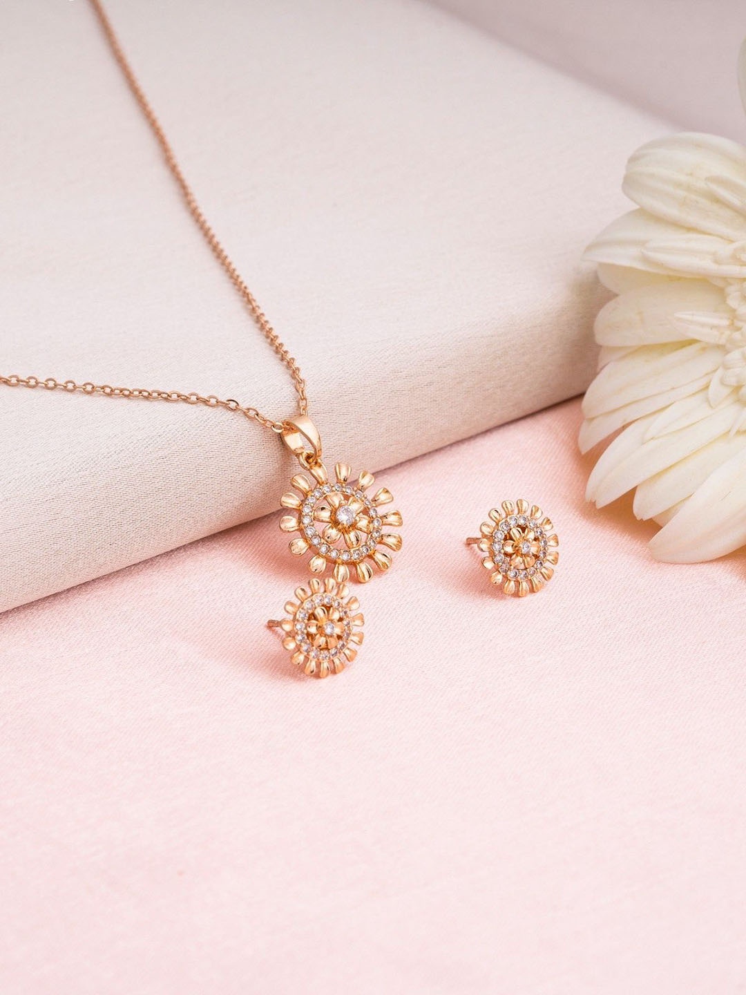 

Avyana Rose Gold-Plated Floral Cubic Zirconia-Studded Jewellery Set