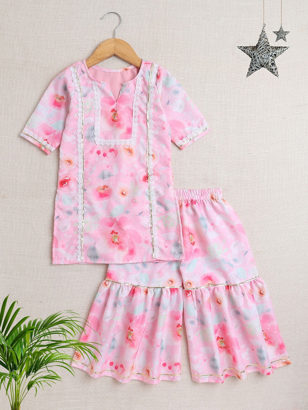 

The Magic Wand Girls Floral Printed Regular Kurta with Sharara, Pink