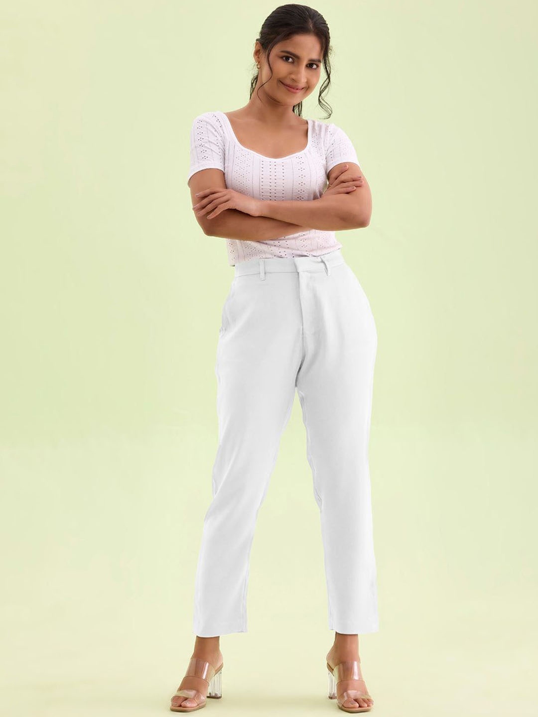 

Go Colors Women Tapered Fit Mid-Rise Trousers, White