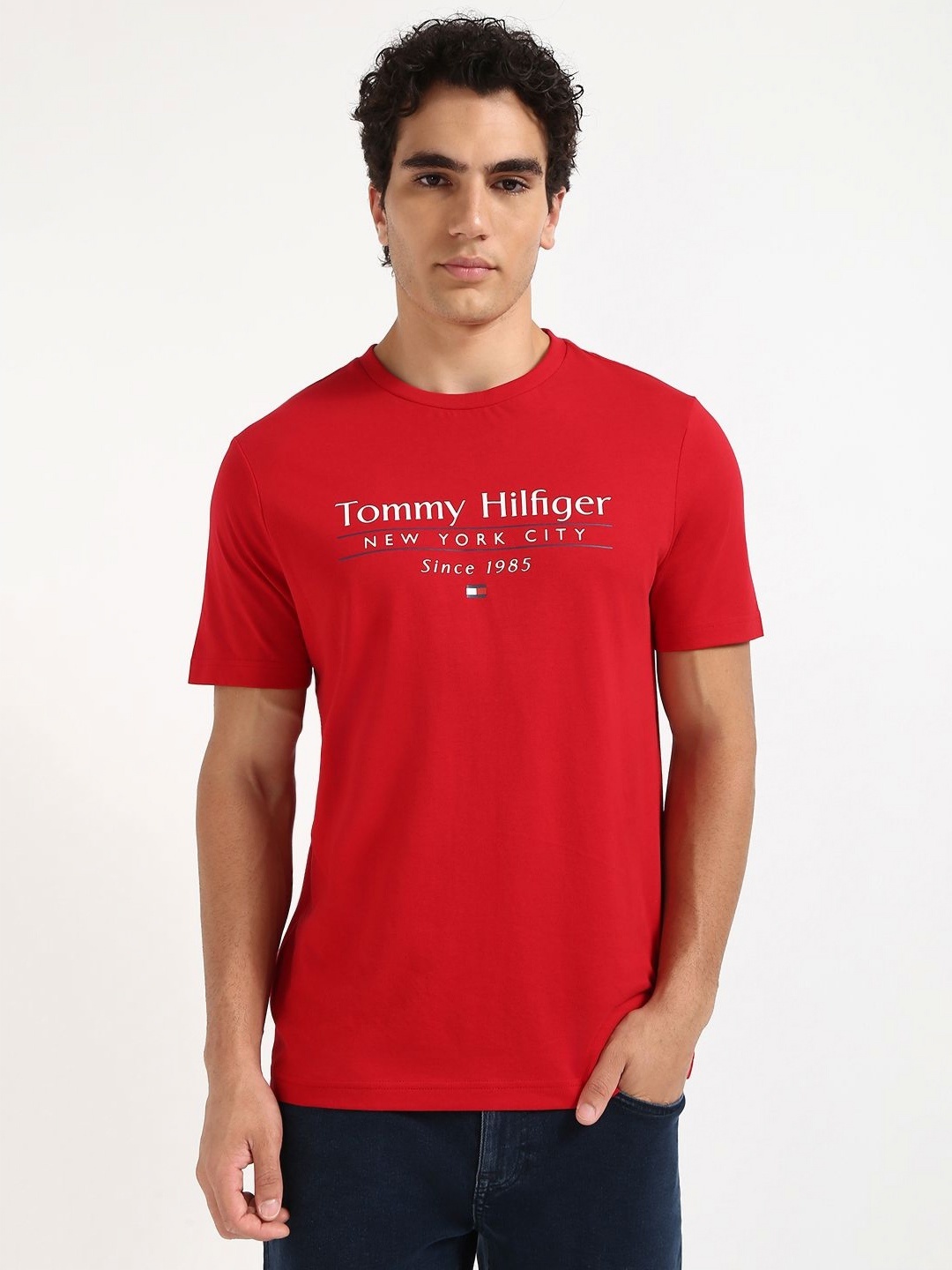 

Tommy Hilfiger Men Typography Printed Round Neck Cotton T-shirt, Red