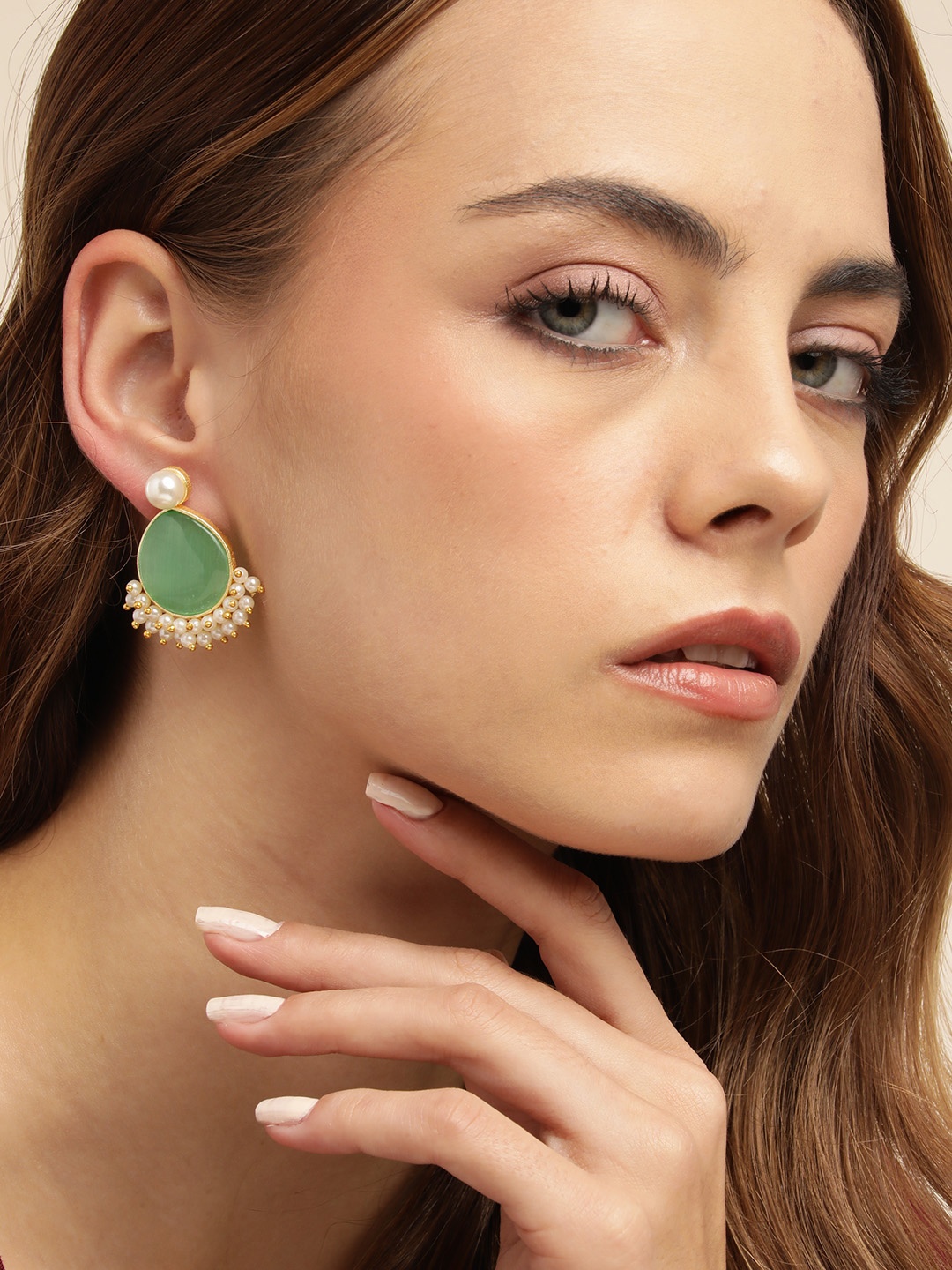 

Anouk Gold Plated Beaded Tear Drop Shaped Drop Earrings, Green