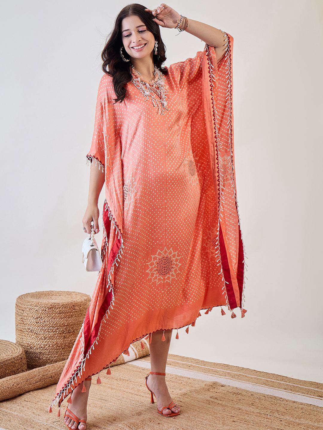 

The Kaftan Company Bandhani Printed Lace-Up Kaftan Midi Dress, Peach