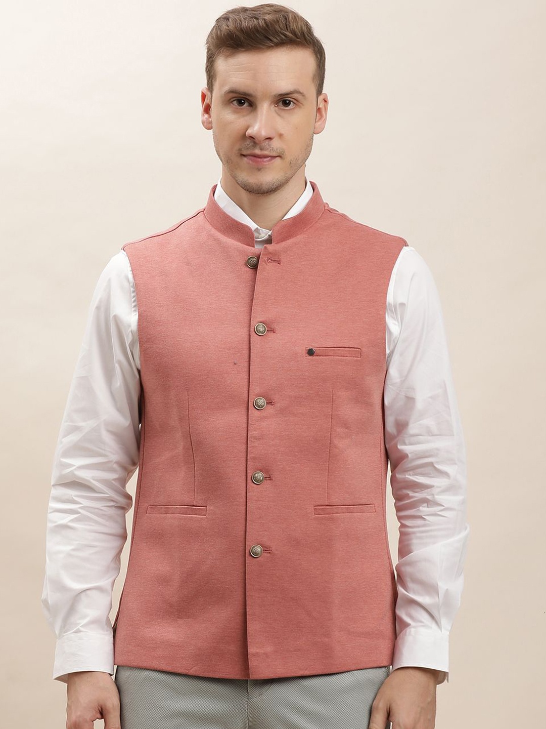 

Turtle Men Mandarin Collar Nehru Jacket, Rose