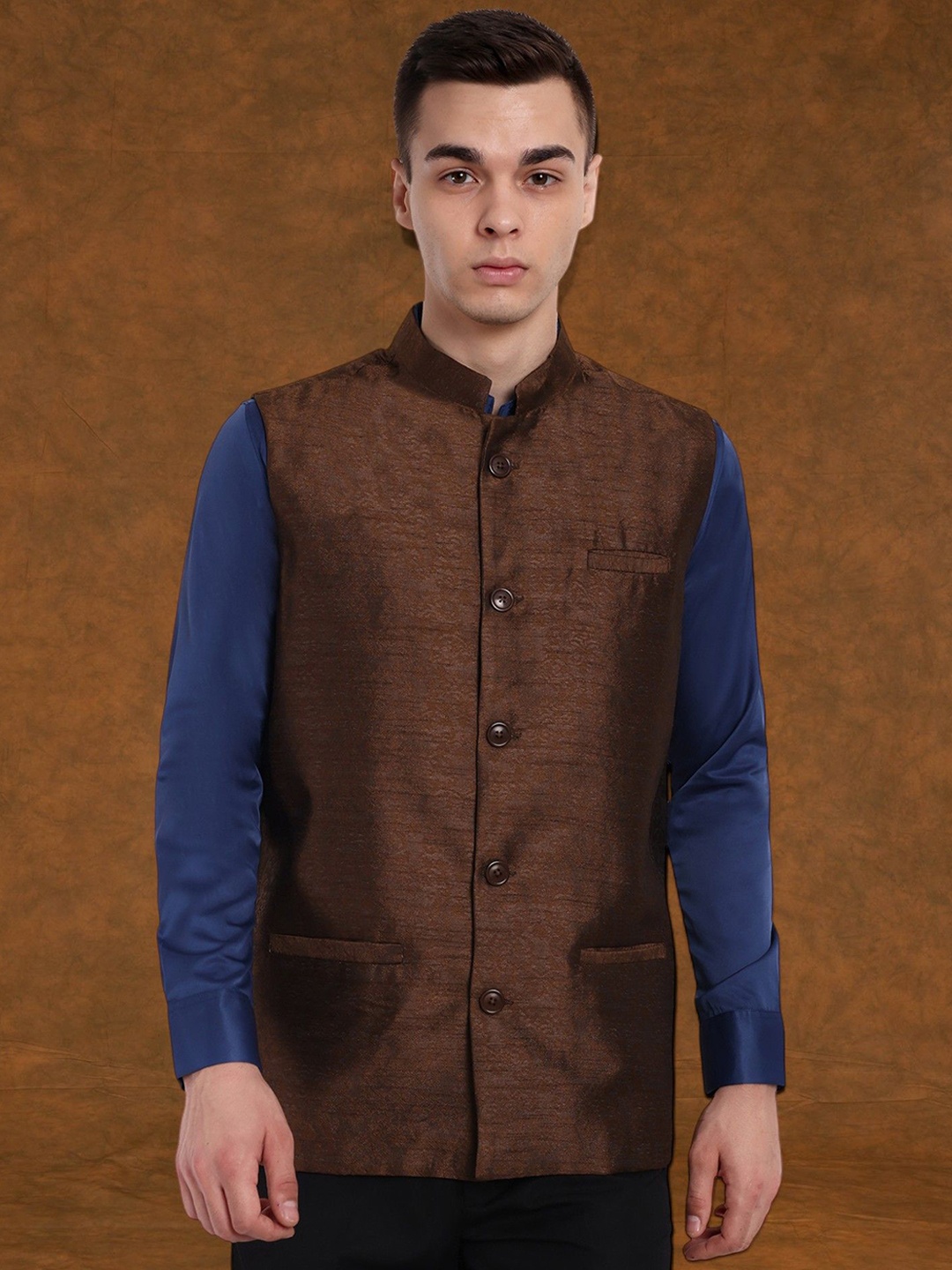 

SKAVIJ Men Mandarin Collar Nehru Jacket, Brown